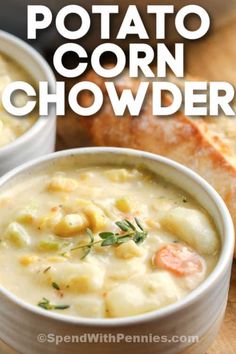 two white bowls filled with potato corn chowder