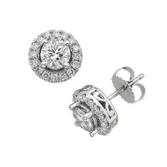 Featuring exquisite colorless diamonds, these halo stud earrings will make a captivating addition to any ensemble.Â Limit 1 per customer.Â  Earring Details: Diameter: .47 in. Backings: post. Metal: rhodium-plated 18k white gold Diamond Details: IGL certified Total weight: 2 ct. Cut: round Color: F Clarity: SI2 Setting: prong Image(s) may be enlarged to show detail. Diamond weights are approximate. Diamond total weights may vary between .01 and .08 ct. Some diamonds have fewer than 17 f Luxury Diamond Earrings With Halo, Luxury Halo Diamond White Earrings, Luxury Halo Diamond Earrings With Round Cut, Luxury White Gold Diamond Earrings With Halo, Elegant Diamond White Cluster Earrings With Halo Setting, Elegant Diamond Bridal Earrings With Halo Setting, Elegant Bridal Earrings With Halo Setting Diamond, Diamond White Halo Earrings In Cubic Zirconia, Halo Diamond White Earrings In Cubic Zirconia