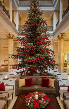 a large christmas tree in the middle of a room with couches and chairs around it