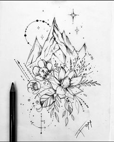 a pencil drawing of flowers and mountains