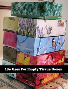 several boxes stacked on top of each other with the words 19 uses for empty tissue boxes