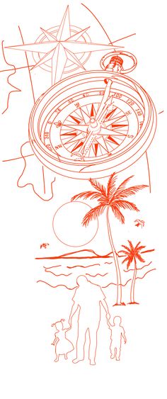 a drawing of a man standing on the beach next to a palm tree and a compass