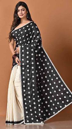 The saree has a combination of Black & White color in half & half pattern. The back portion is crafted with white color resham weaved floral buti. Off white portion is crafted with hakoba designer pattern work. Hakoba design piping border all along. Blouse piece attached. The saree is extremely comfortable and perfect for festival wear. Buy this black and white color designer hakoba saree online in CAnada & USA from shenextfashion.com. Hakoba Saree, Dhakai Jamdani Saree, Party Wear Kurtis, Gown Suit, Jamdani Saree, Art Silk Sarees, Tussar Silk Saree, Next Fashion, Black And White Color