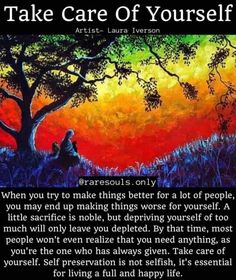 a painting with an image of two people sitting under a tree and the words take care of yourself