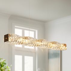 a modern chandelier hanging over a dining room table with potted plant in the foreground