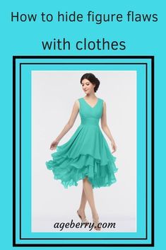 a woman in a green dress with the words how to hide figure flows with clothes