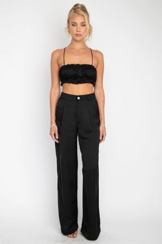 High waist trouser with button and zipper closure Fabric: 100% Deluxe silky Poly Machine wash cold on delicate cycle inside out, air dry Model Measurements: Height 5'8, Bust 32B, Waist: 25/26", Hips 34" Model is wearing a size XS    NOTE: There is no stretch in these pants. Measurements hit at a high waist and are as f High Rise Washed Black Pants With Pockets, Black High-waist Bottoms With Multiple Pockets, Black High-waisted Pants With Welt Pockets, Black High-waisted Pants With Pressed Crease, Black Stretch High-waisted Parachute Pants, High Waisted Trousers, Inside Out, Zipper, Trousers