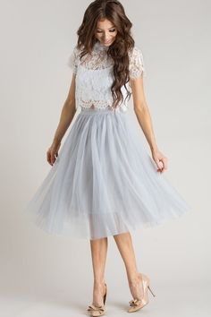 Eloise Grey Tulle Midi Skirt$ 66.99 USD Grey Tulle Skirt, Midi Outfits, Skirt Tulle, Tulle Midi Skirt, Best Prom Dresses, Trendy Skirts, Ladies Dress Design, Look Chic, Tulle Dress