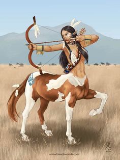 a native american woman riding on the back of a brown and white horse in a field