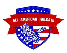 all american tailgate logo with an eagle and stars on it's shield,