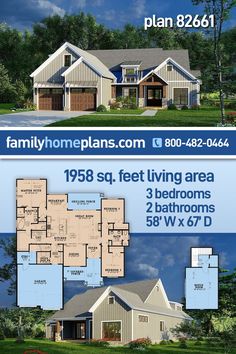 two story house plans with 3 bedroom and 2 bathrooms in the front, three car garages on each side