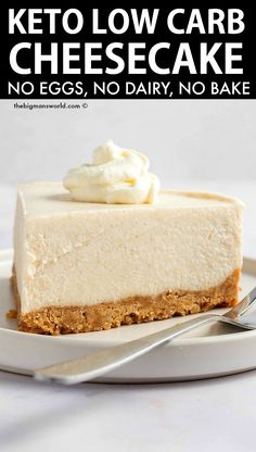 a white plate topped with a cheesecake covered in whipped cream next to a fork