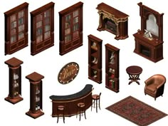 an assortment of wooden furniture including chairs, tables and bookshelves