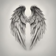 two large black and white angel wings on a gray background with room for text or image