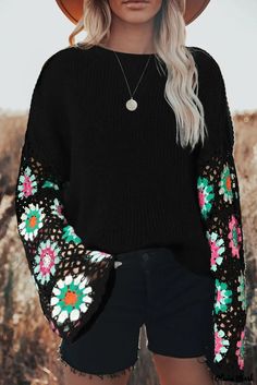 Olivia Mark - Chic and Elegant Rose Floral Crochet Cable Knit V Neck Sweater Floral Crochet Sweater, Crochet Floral Top, Crochet Bell, Crochet Sleeves, Crochet Bell Sleeve, Lisa Fischer, Crochet Cable, White Knit Sweater, Loose Knit Sweaters