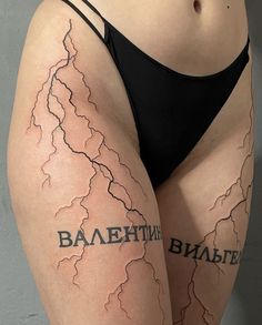 a woman's thigh with lightning and the words babeithh written on it