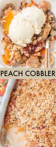 peach cobbler with ice cream on top in a white dish and the same serving