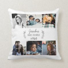 a blue pillow with pictures of people and their names on the front, along with words that read grandma makes the world great