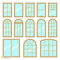 twelve windows with arched glass on white background