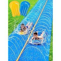 two children are playing in an inflatable water park with blue and yellow rafts