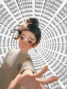 a digital painting of a woman with her hand out in front of a circular background