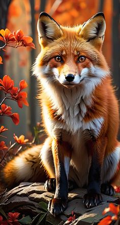 a red fox sitting on top of a rock in the middle of some leaves and flowers