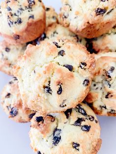 a pile of blueberry scones sitting on top of a white plate