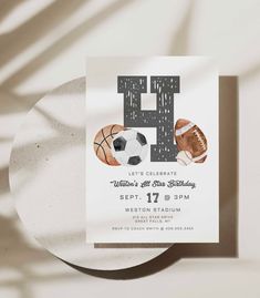 a sports themed birthday party card with the letter h