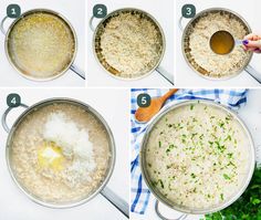 the steps to make rice being cooked in a pot