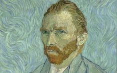 a painting of a man with a beard in front of a blue and green background