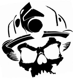 a black and white image of a skull wearing a helmet