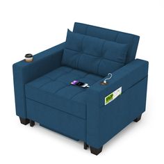 a blue couch with a remote control on it