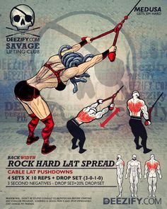 an advertisement for the rock hard lat spread, featuring various poses and body measurements