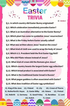 an easter trivia is shown with the words, which are in different colors and sizes