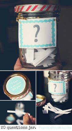 a jar filled with lots of question mark stickers