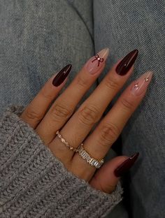 Elegant Nails Burgundy, Prom Nails For Burgundy Dress, Maroon Nails Prom, Almond Nail Length Chart, Plum Acrylic Nails Design, Plum Nail Ideas, Dark Feminine Nails Design, Solid Color Nails For Fall, Cute Nails Solid Color