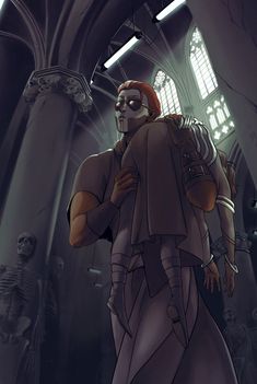 an animated image of a man standing in front of a skeleton