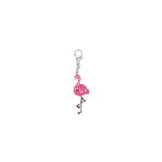 a pink flamingo keychain hanging from a hook on a white background,