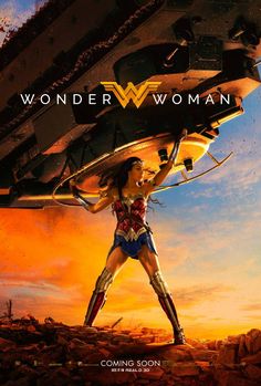 the poster for wonder woman is shown in front of an orange sky with clouds and rocks