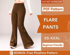 a woman in brown pants and white top with the text flare pants xs - xxl beginner friendly