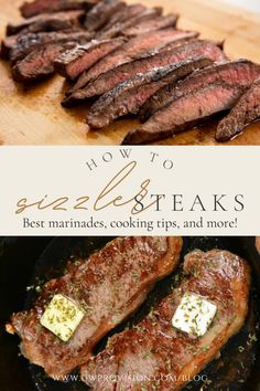 steaks being cooked in a skillet with the title how to freeze steaks best marinades, cooking tips and more