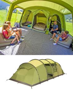 two people sitting on couches in front of a tent and another photo of the inside of a tent