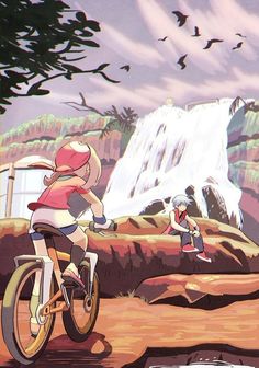 two people riding bikes in front of a waterfall with birds flying above them and on the ground