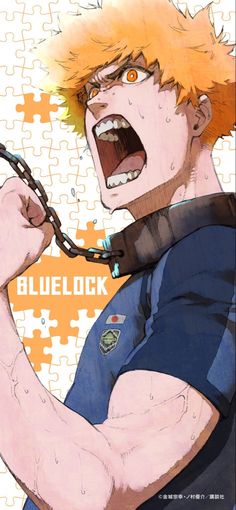 an anime character with his mouth open and chain around his neck, holding something in one hand