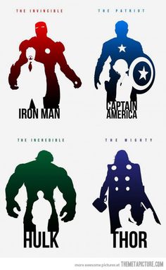 four different silhouettes of the avengers and captain america characters, each with their own name