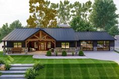 this is an artist's rendering of a modern ranch style home in the country