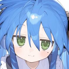 an anime character with blue hair and green eyes