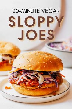 a close up of a sandwich on a plate with the words 20 minute vegan sloppy joes