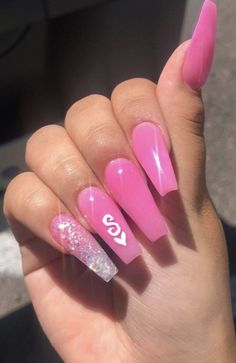 Nails Initials, Nails With Bf Initials, Acrylic Nails With Bf Initials, Nails With Initials, Dark Pink Nails, White Acrylic Nails, Cute Acrylic Nail Designs, Long Acrylic Nails Coffin, Acrylic Nails Coffin Pink