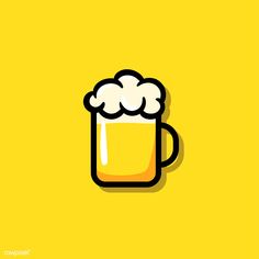 a beer mug filled with foamy liquid on top of a yellow background in the shape of a cartoon character